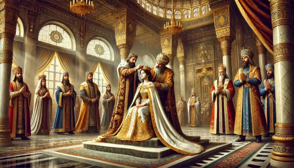 Rainha Ester sendo coroada no palácio persa, vestindo trajes reais com uma coroa dourada sendo colocada em sua cabeça pelo rei Xerxes.