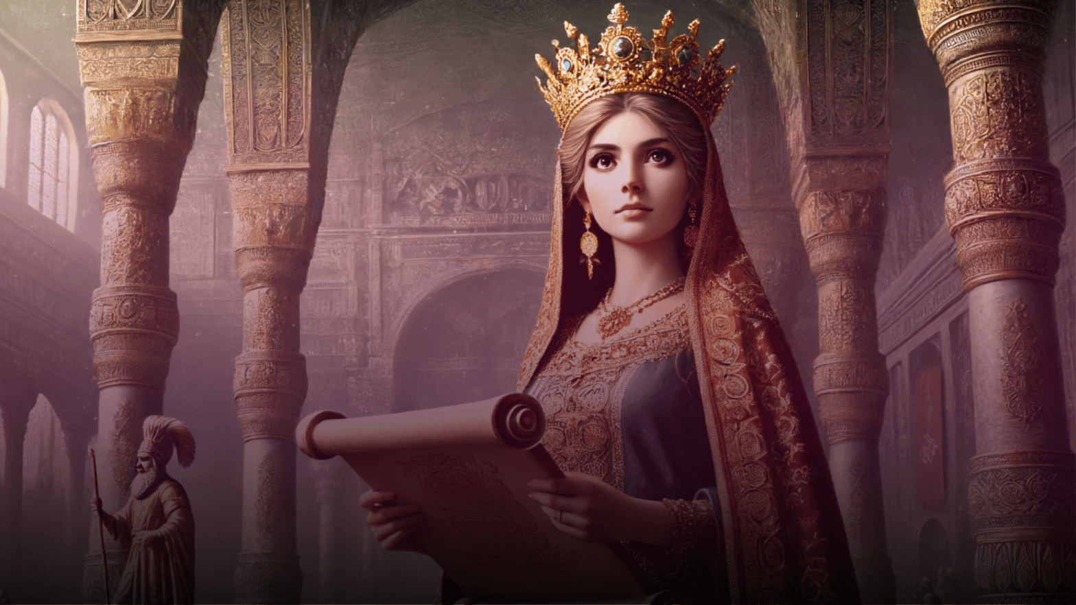 Rainha Ester em pé confiantemente no palácio persa, vestida com trajes reais e uma coroa dourada, segurando um pergaminho.